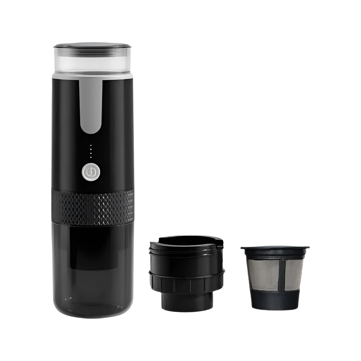 Black portable K-Cup coffee machine for use in car, camping and travel