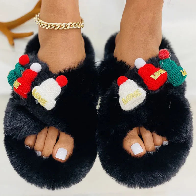Women's Christmas hat decoration faux plush slippers with rubber sole in black, khaki, or white.