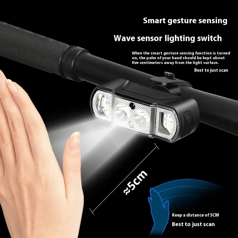 Black bicycle headlight with 350 lumen LED and removable 18650 battery mounted on handlebars