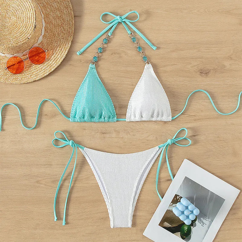 Women's colour-matching swimsuit with lace-up back and pearl chain decoration