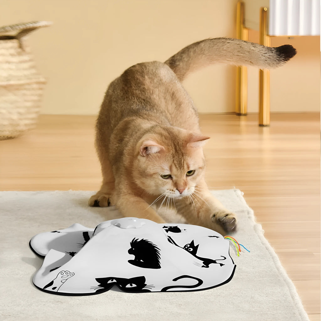 Plastic self-hi relief cat toy with teaser attachment measuring 19.8 by 11.5 by 19.5 centimetres