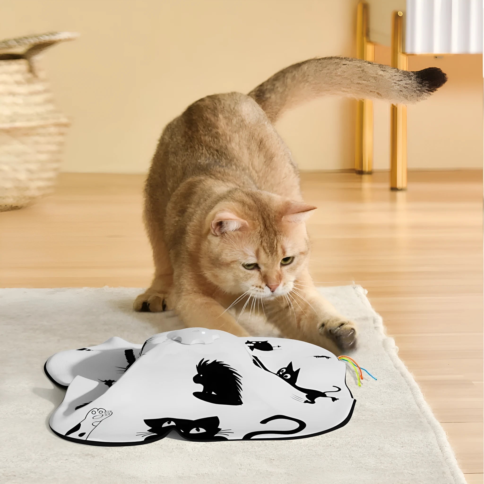 Plastic self-hi relief cat toy with teaser attachment measuring 19.8 by 11.5 by 19.5 centimetres