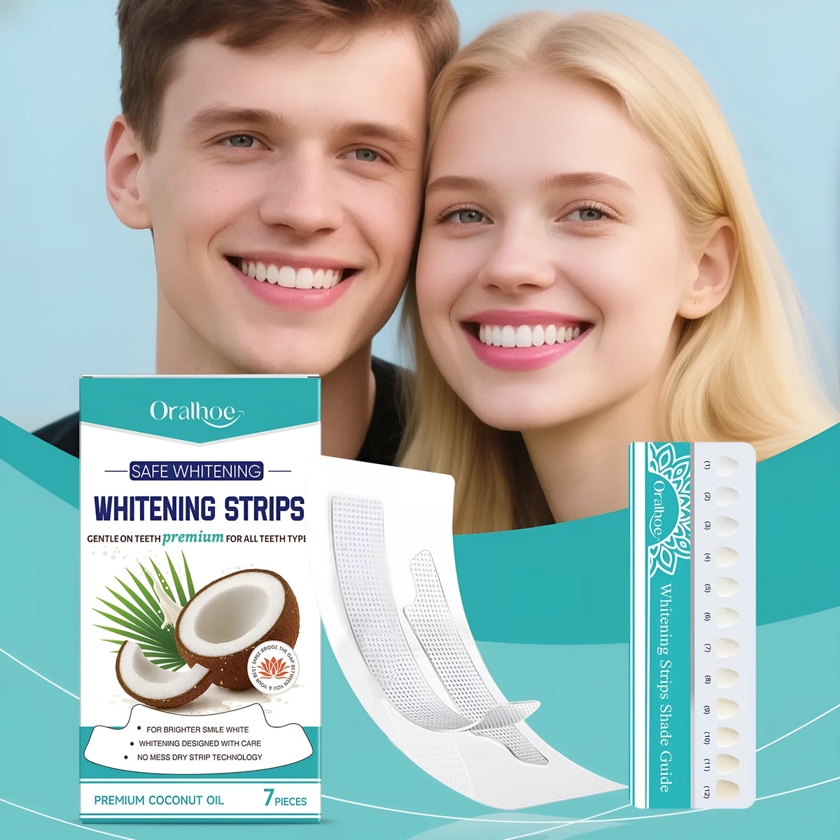 Gear rack teeth whitening strips set with 7-tooth colourimetric card and mild ingredients