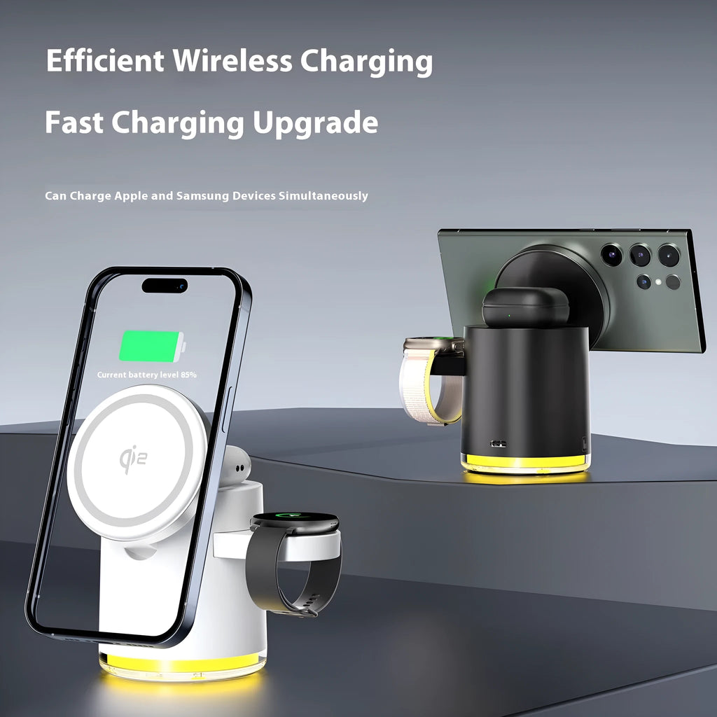 C16 portable folding wireless charger charging a smartphone, a smartwatch, and wireless earbuds simultaneously.