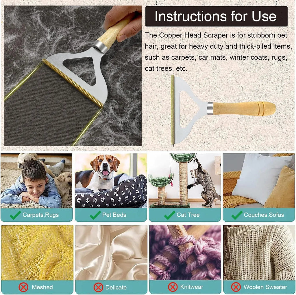 Three-piece pet hair remover set showing a metal lint tool, a silicone brush, and a round carpet scraper.