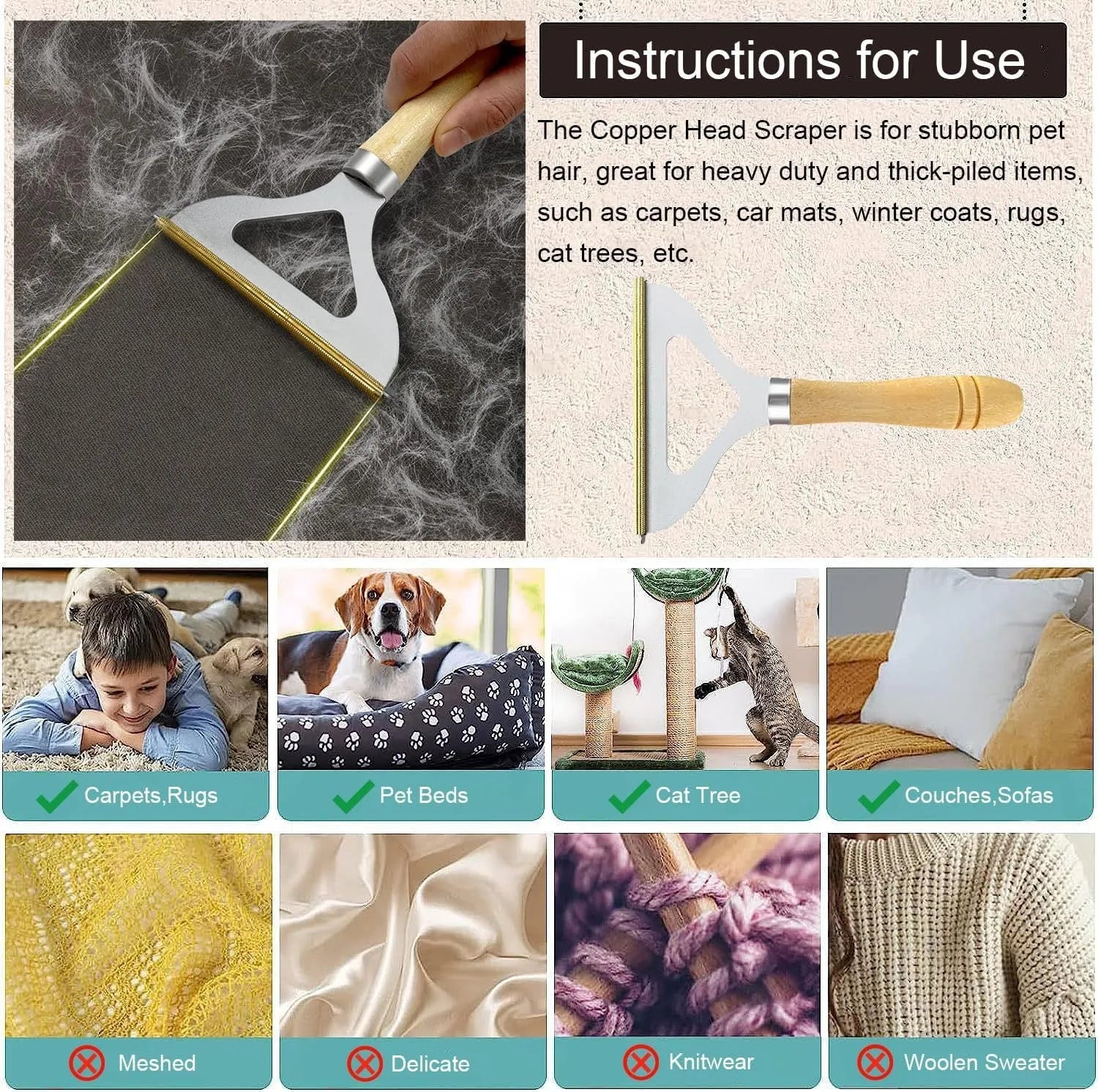 Three-piece pet hair remover set showing a metal lint tool, a silicone brush, and a round carpet scraper.