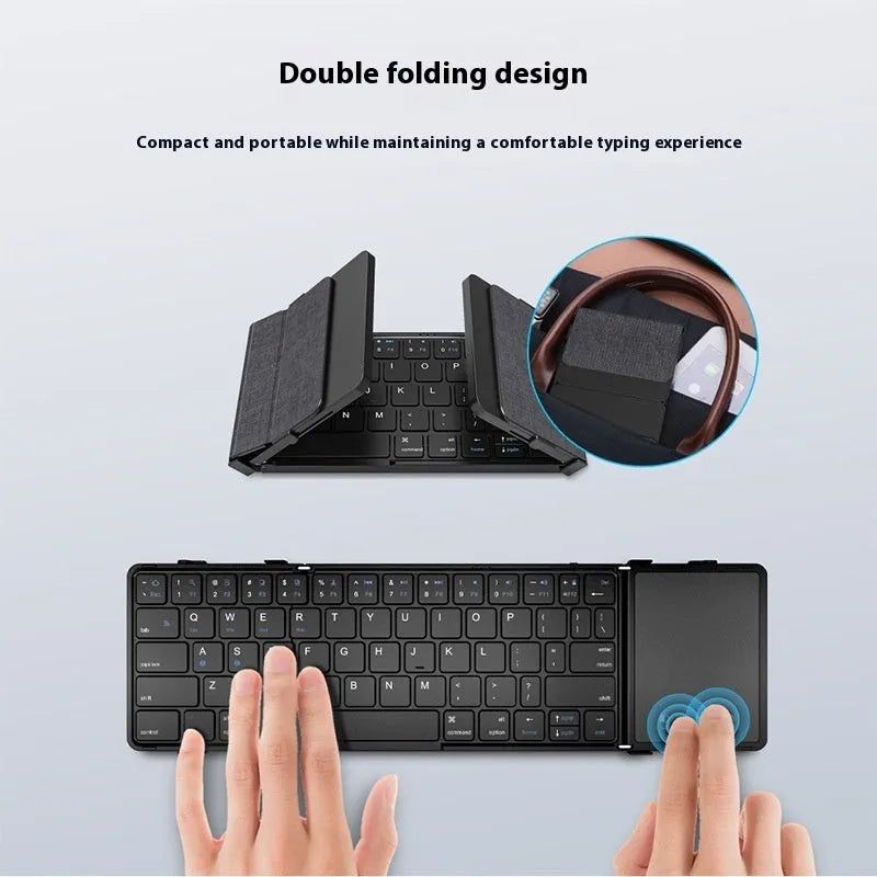 Black folding Bluetooth keyboard for tablets with silent membrane keys showing touchpad variant