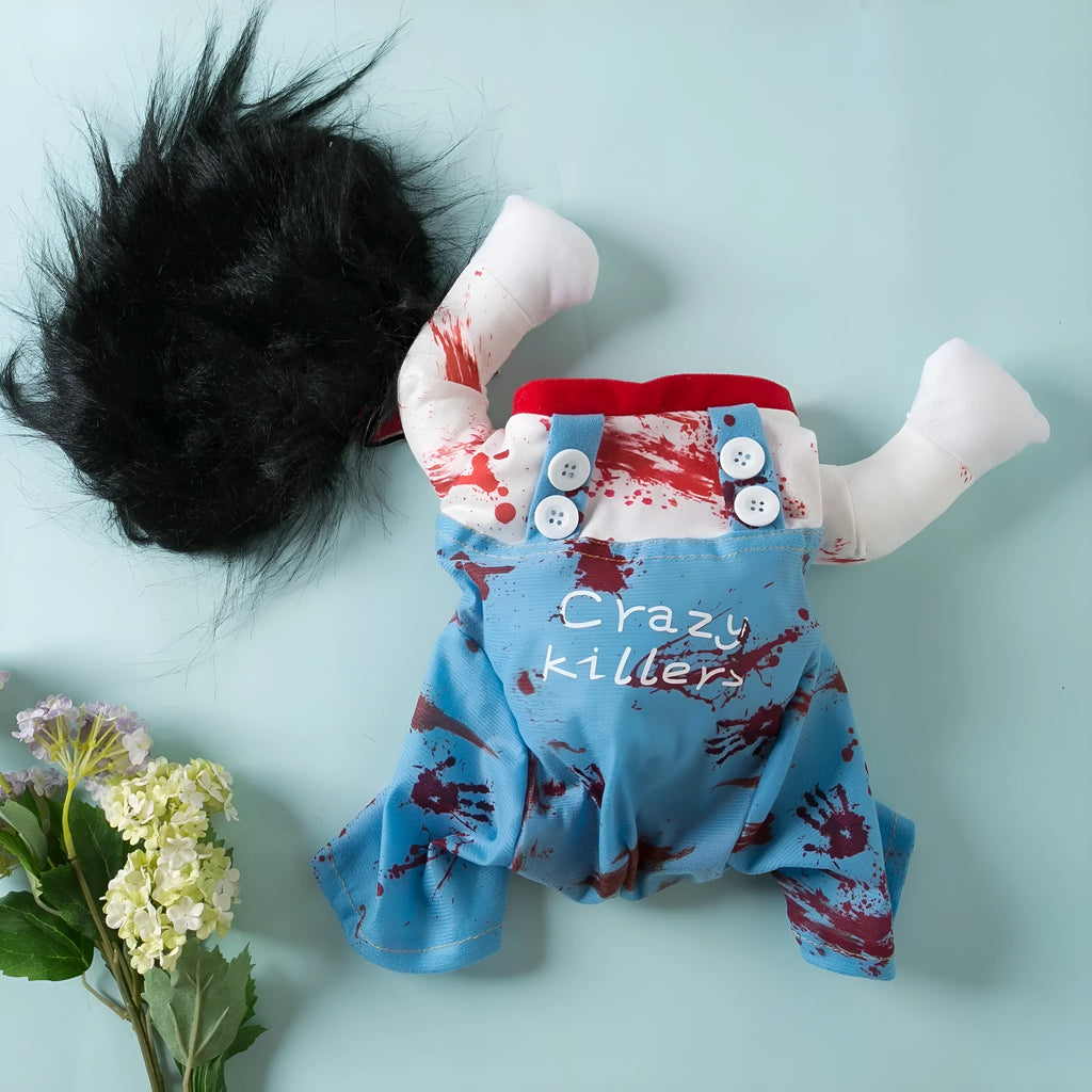 Halloween Bloody Doll pet costume for dogs and cats, polyester pet clothing in sizes S, M, L, and XL