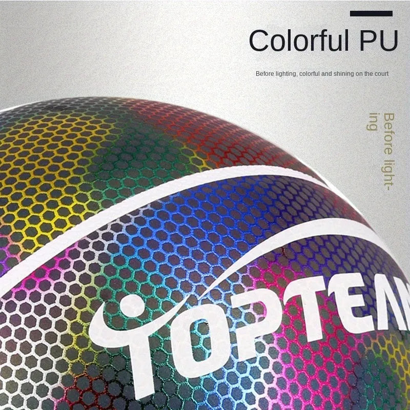 No. 7 size basketball with a holographic, luminous, and reflective patterned surface.