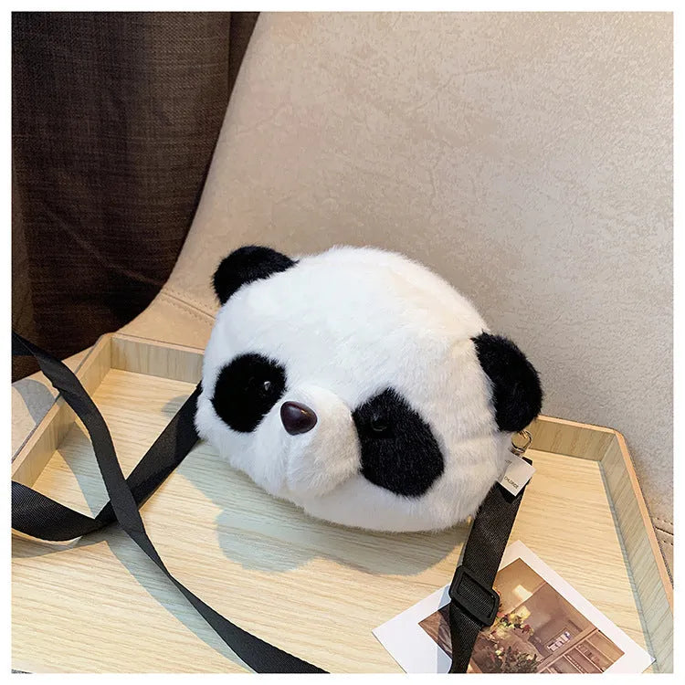Cute plush crossbody bag with Panda Head design, cylindrical shape measuring 18cm
