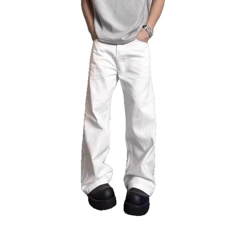 Men's high-grade white loose straight leg denim jeans on a mid-waist.
