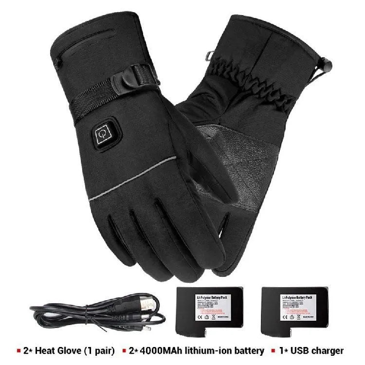 Pair of black electric heated gloves with touchscreen fingertips and zipped battery pocket, 28 cm length.