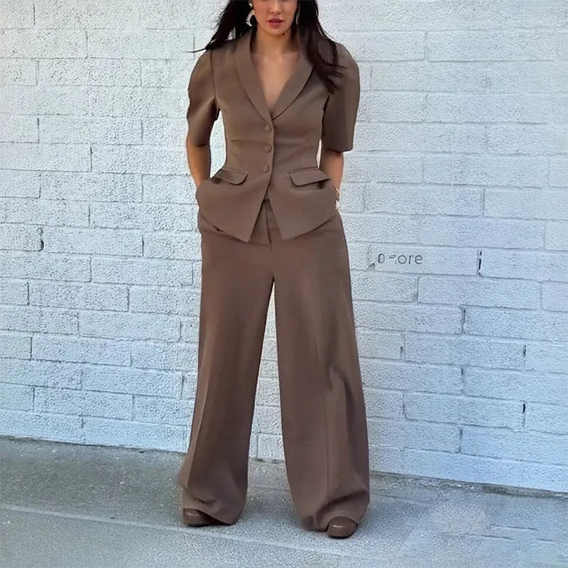 Brown slim fit polyester suit set with long sleeves showing top and trousers