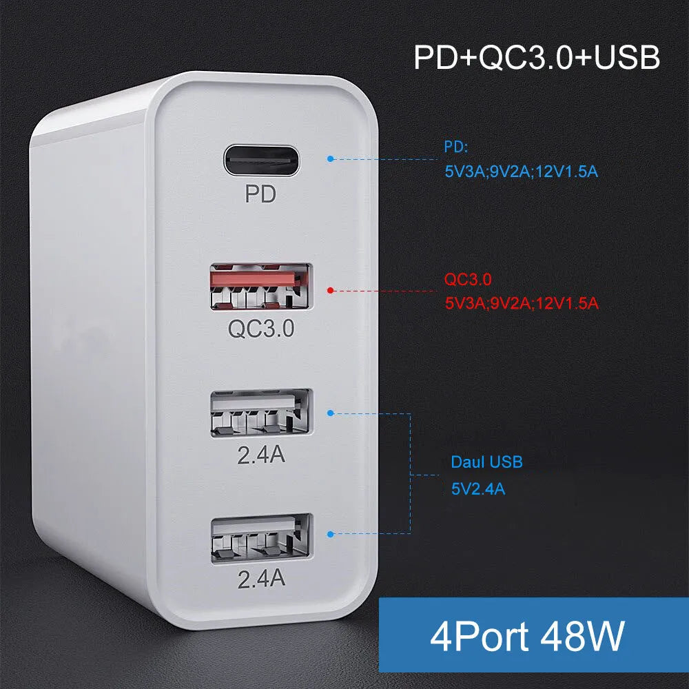 White multi-port fast charging adapter with UK plug on a table.