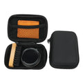Shoe care maintenance set with leather oil, shoe brush, and cleaning cloth in black bag
