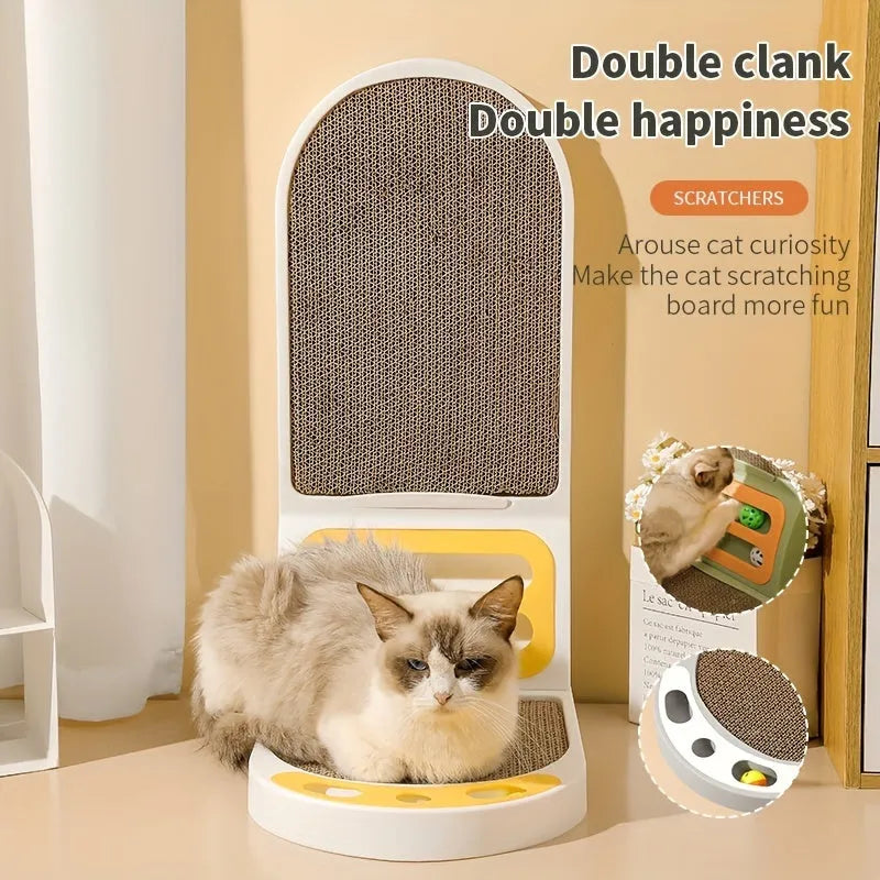 L-Shape vertical cat scratching board in grey, green, or white, showing thickened cardboard construction.