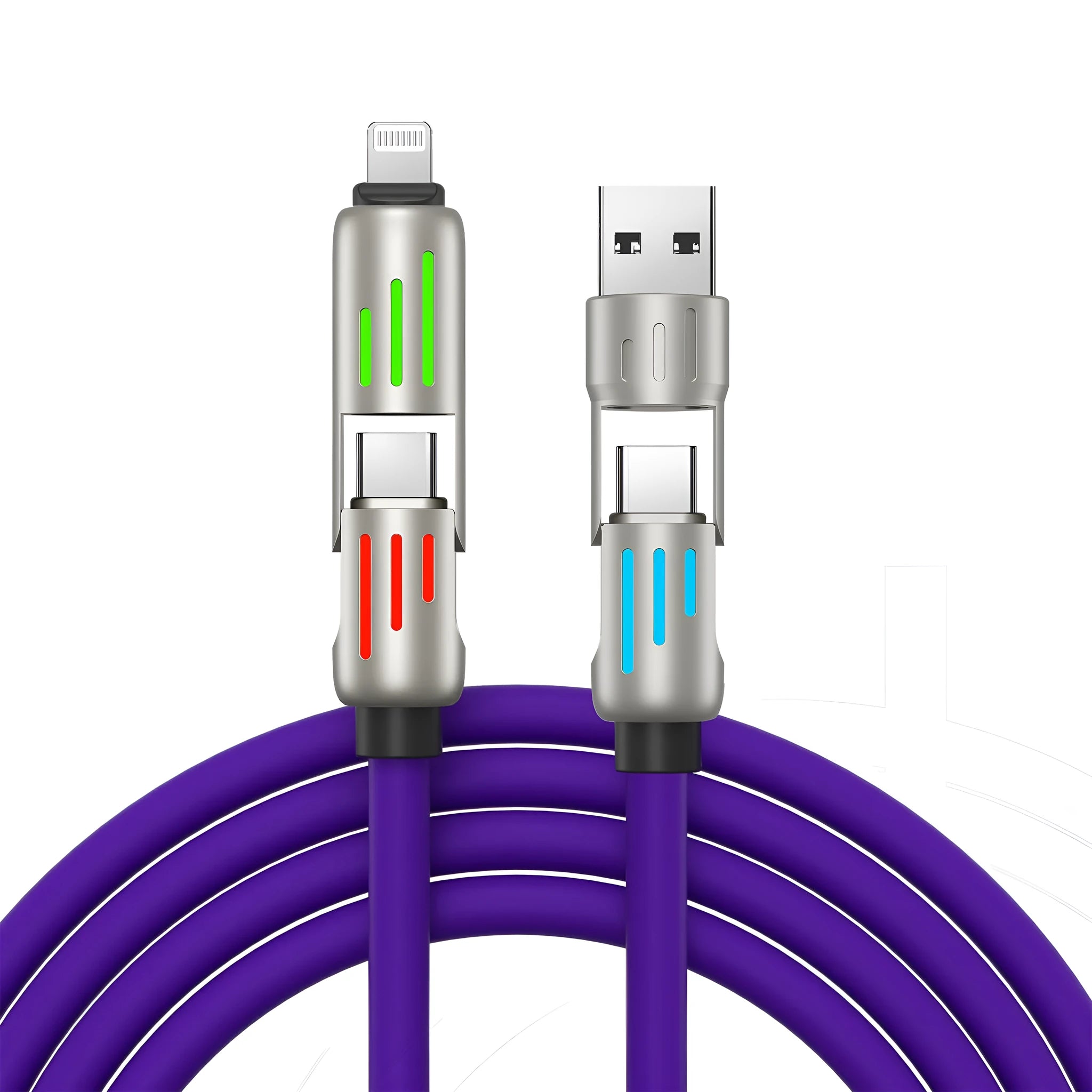 240W four-in-one fast charge cable with colourful breathing light, silicone material, Lightning and USB-C connectors, available in 1m 1.5m 2m lengths