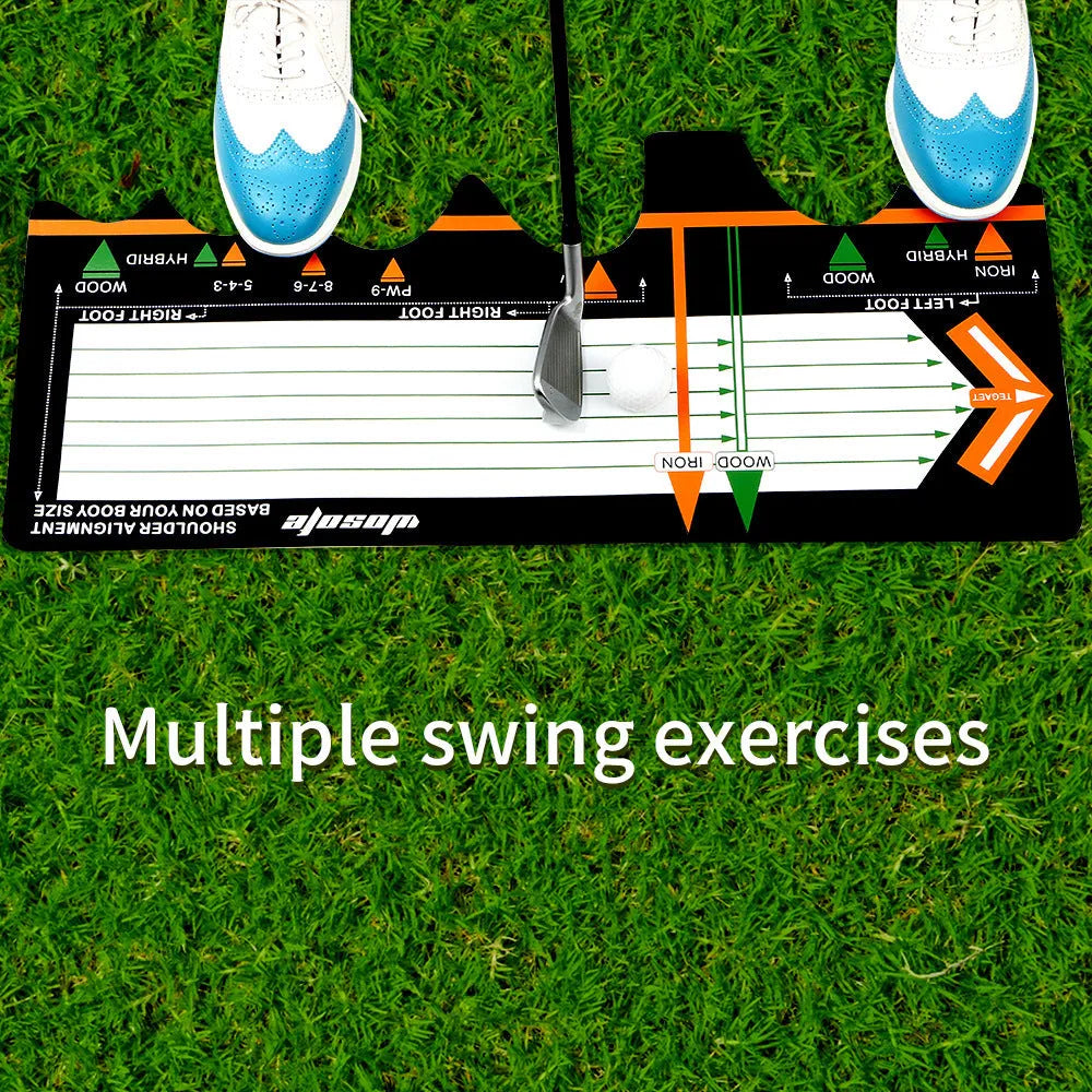 Black neoprene golf swing standing posture auxiliary pad on a practice surface.