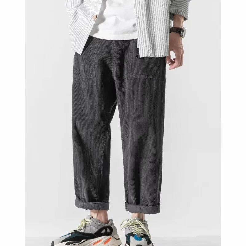 Loose straight tapered pants for men in dark gray, wide leg style, chemical fibre blend