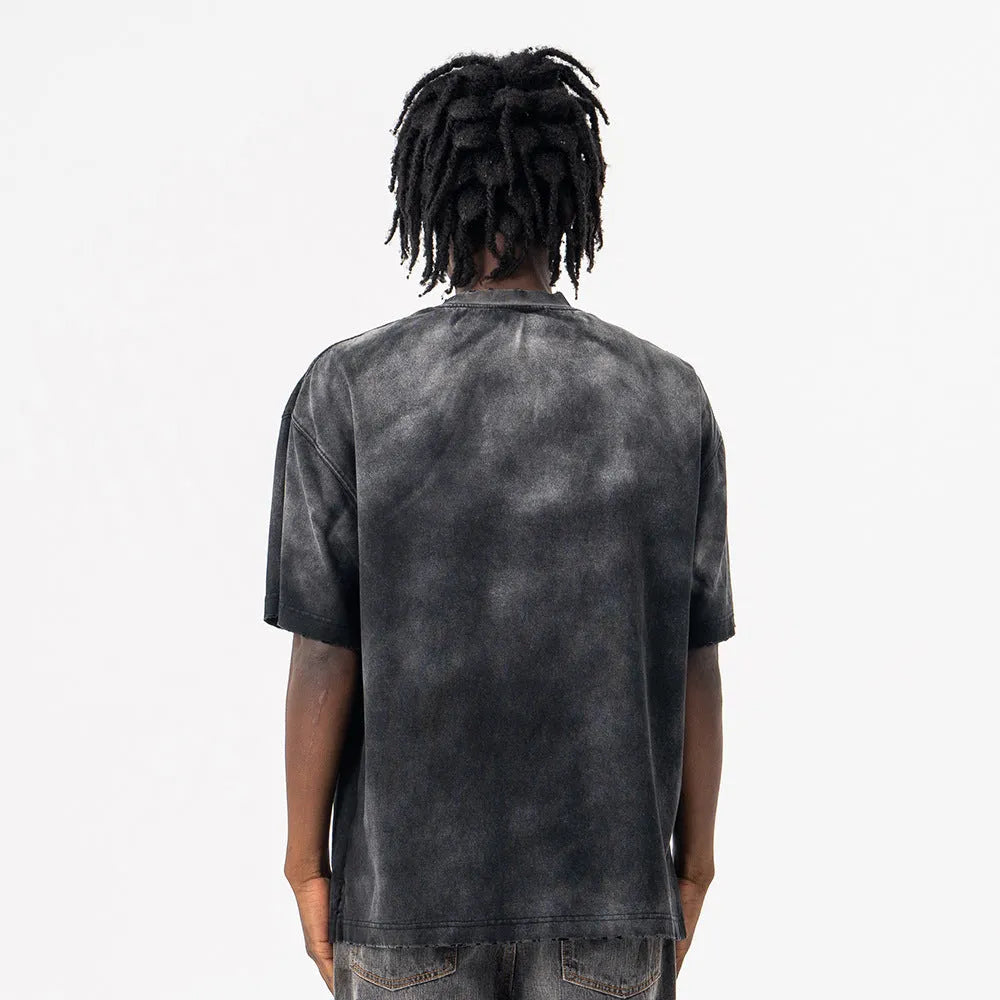 Men's black cotton T-shirt with printed letter pattern and drop-shoulder sleeves