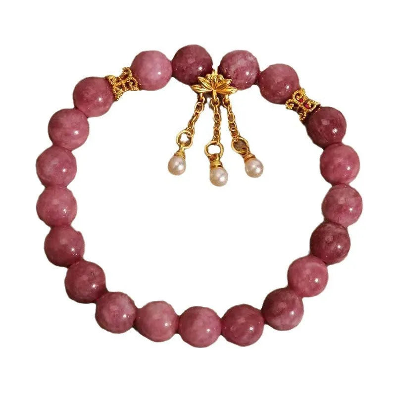 Pink lotus tassel natural stone bracelet with pearl pendant and electroplated crystals