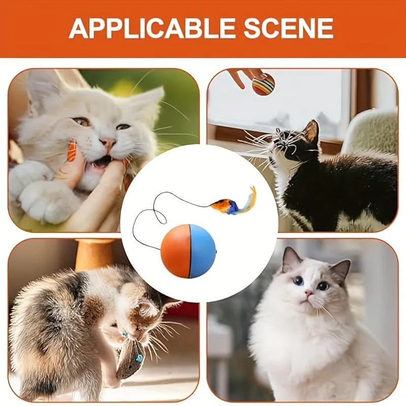 Interactive cat toy ball with plush mouse attachment in grey or orange colour