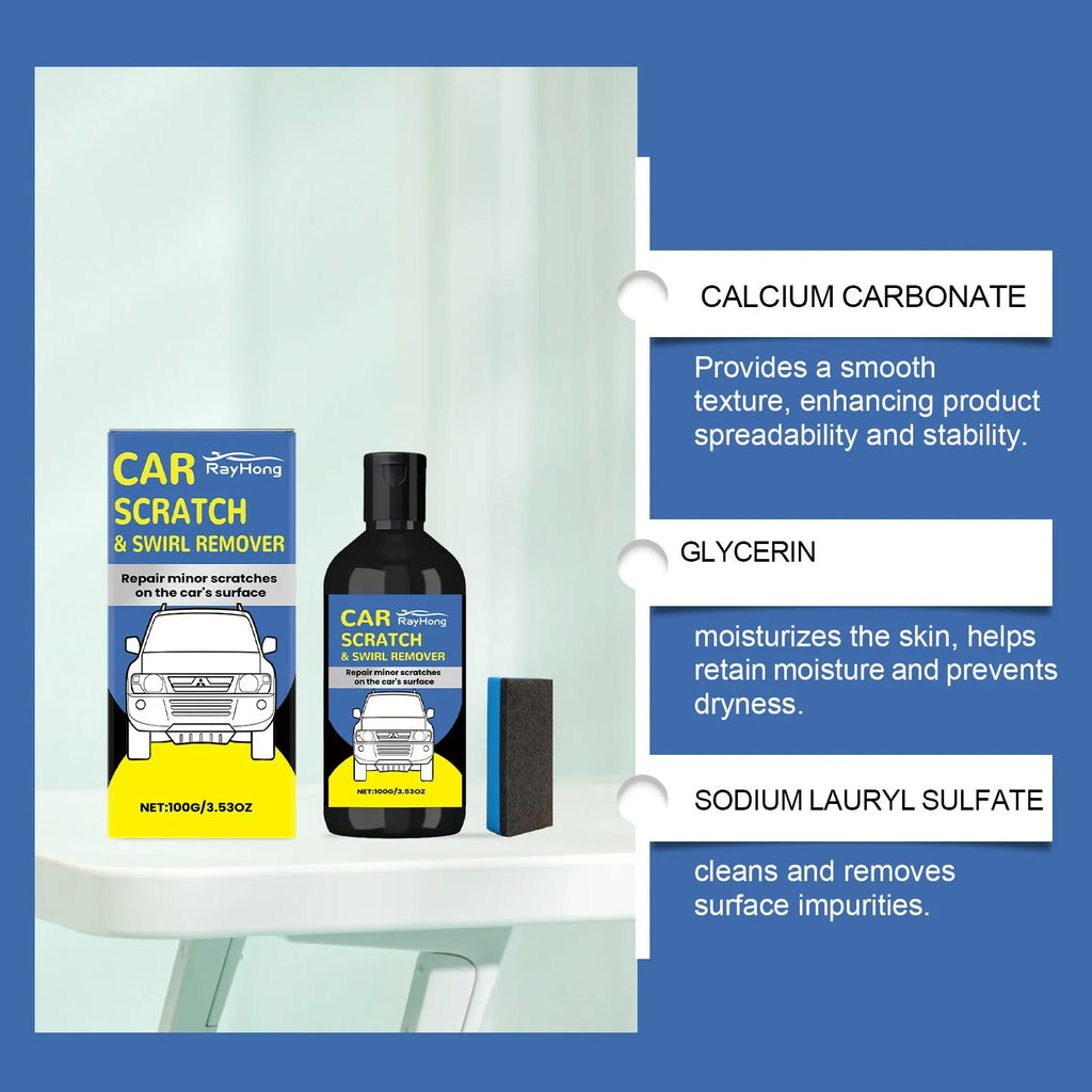 RAYHONG car scratch care package with 100g tube of calcium carbonate swirl remover and sponge applicator