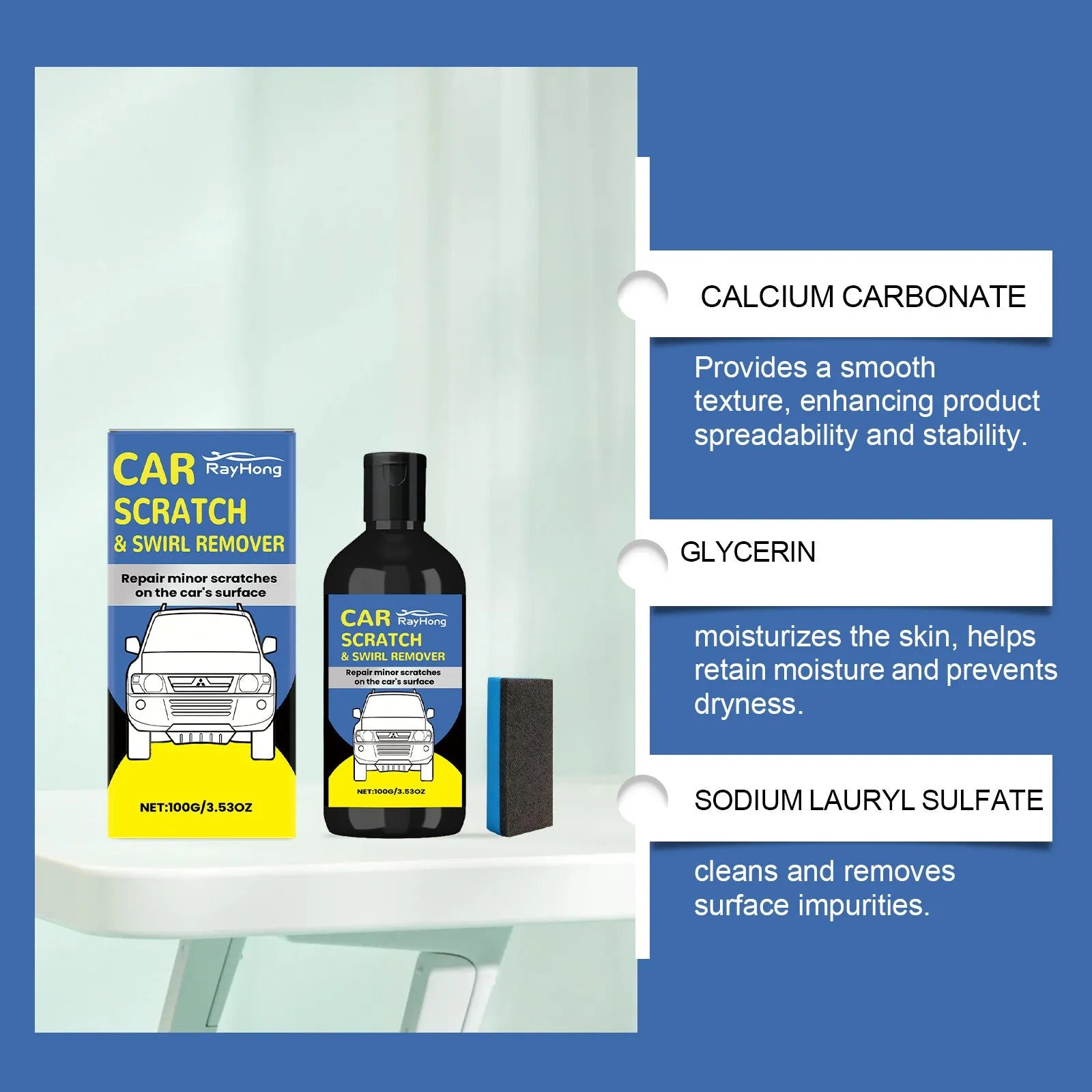 RAYHONG car scratch care package with 100g tube of calcium carbonate swirl remover and sponge applicator