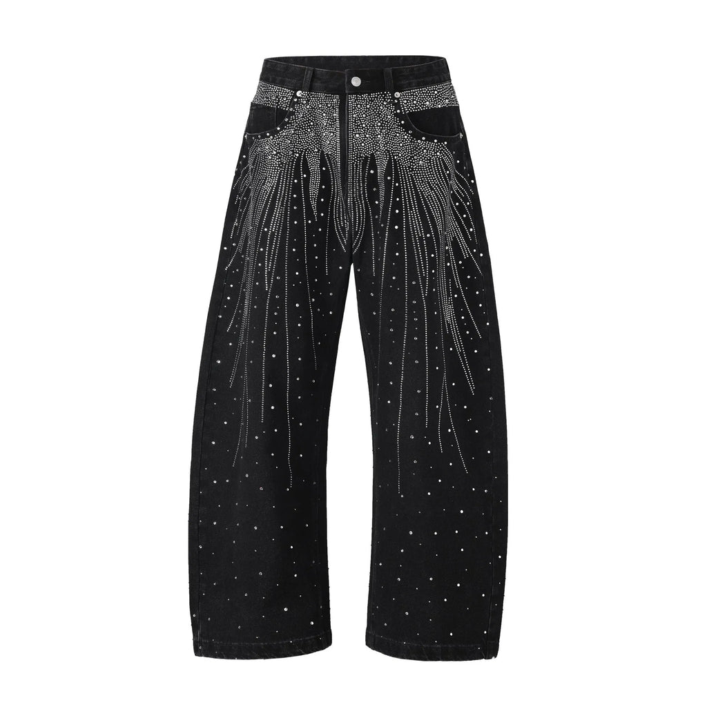 A pair of loose-fitting, wide-leg cotton trousers in a European and American high street style, shown in blue.