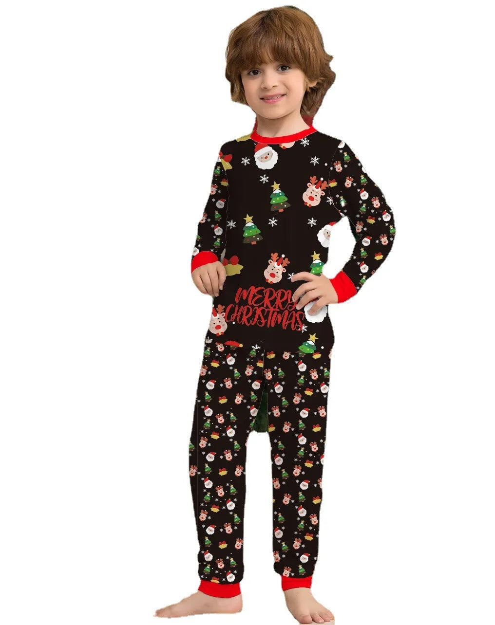 Family Christmas matching cotton pajamas set showing Dad, Mum, child, baby, and dog in coordinated festive sleepwear