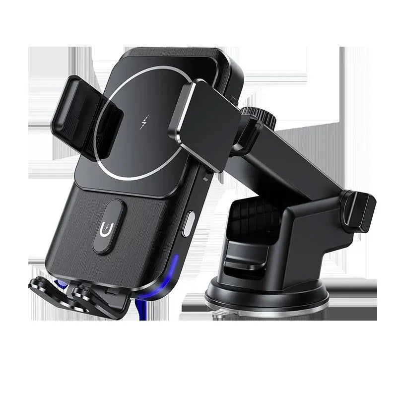 Black car wireless charger phone holder with 15W fast charging, shown with clip and suction cup mounting options.