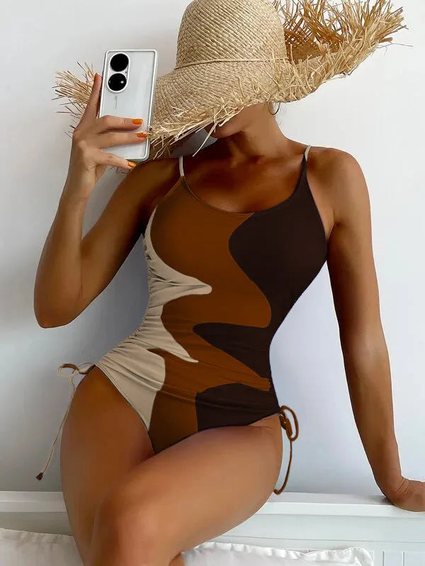 Women's sleeveless one-piece swimsuit with fixed swimming trunks in blue colour
