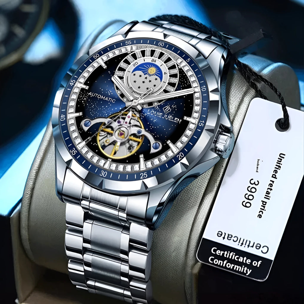 Men's silver waterproof automatic watch with blue dial and stainless steel strap