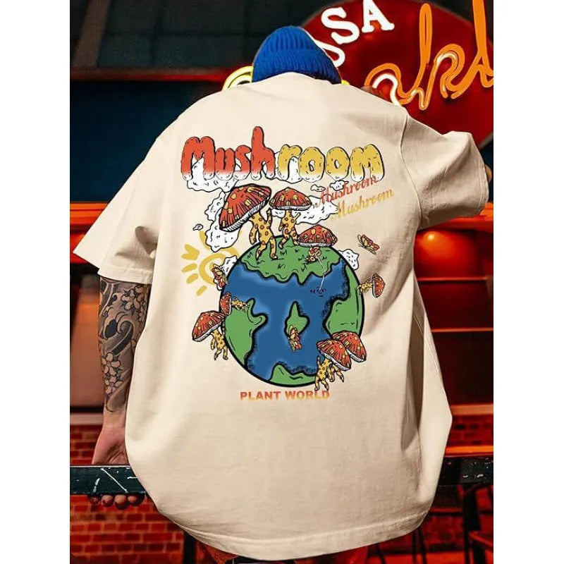 Man wearing a printed short-sleeve polyester sports T-shirt in a casual street style.