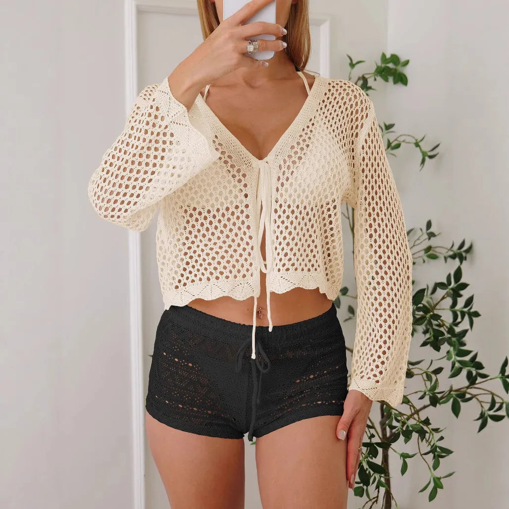 Women's hollow woven cardigan blouse with bell sleeves in apricot colour