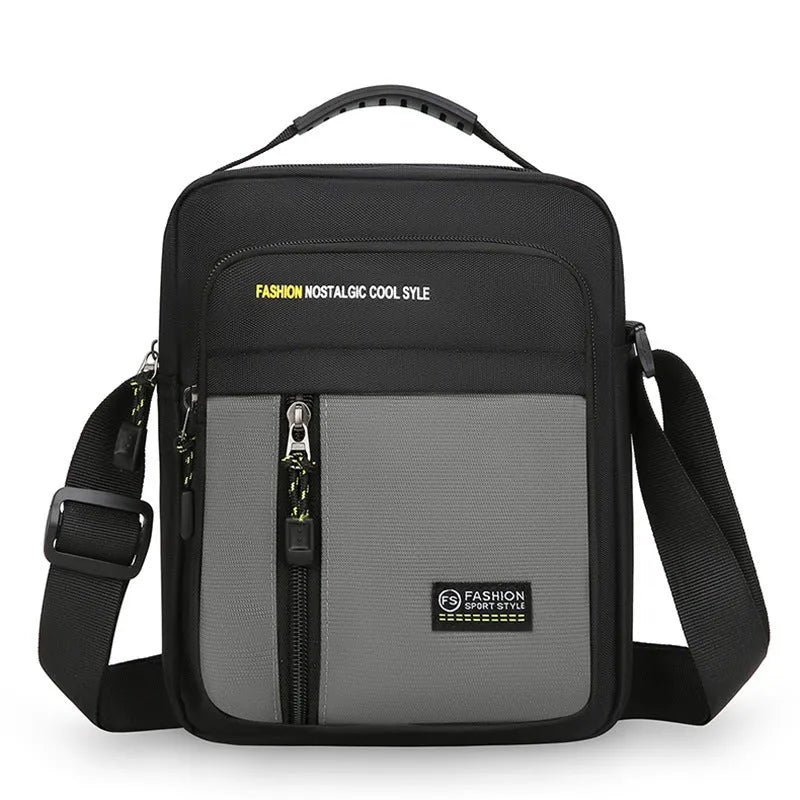 Men's green nylon crossbody messenger bag with one shoulder strap and sewing thread detailing