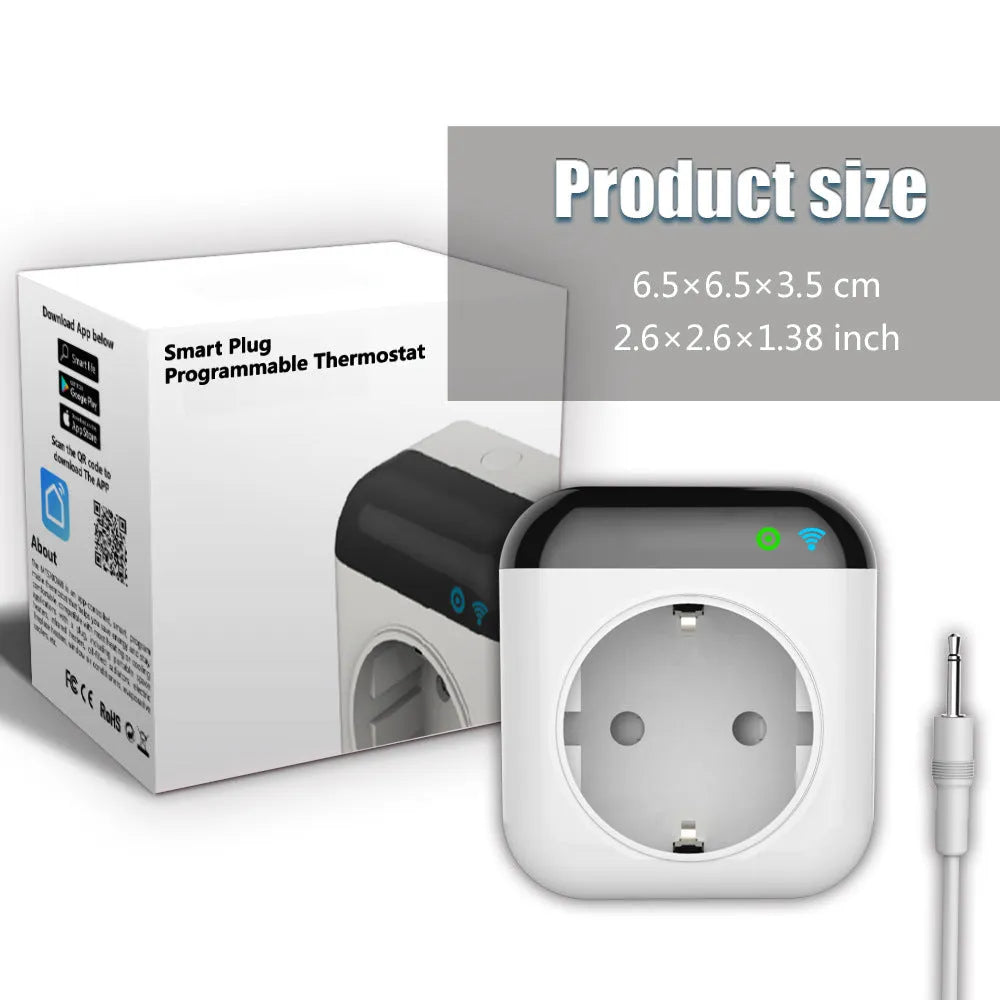 White Tuya smart temperature control socket with three holes and a separate temperature sensor probe.