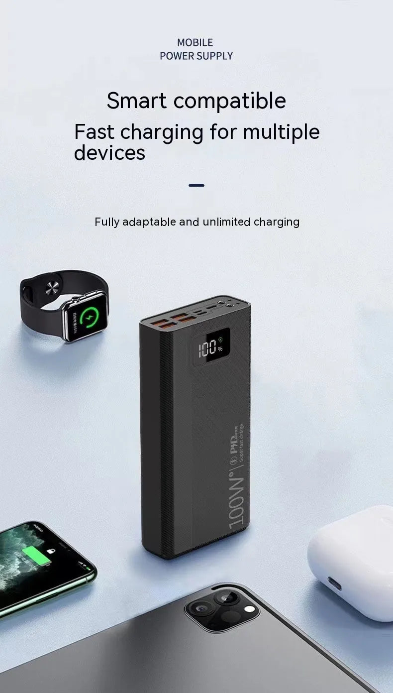 Black and white large capacity power bank with plastic shell showing fast charge support.