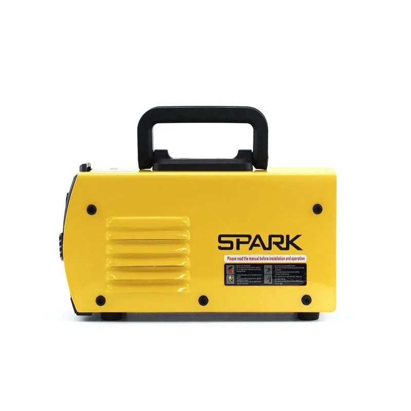 MMA-200MIN 220V DC inverter welding machine with welding tongs, ground clamp, face shield, and brush on hanger.