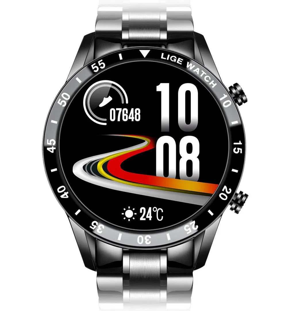 Smart watch with stainless steel band and 1.3 inch touch screen showing fitness tracking display