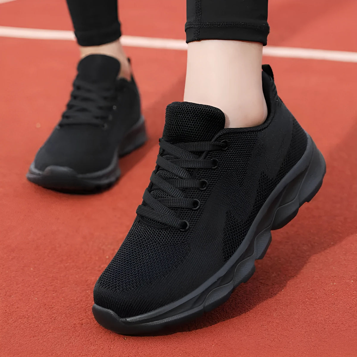 Women's lightweight mesh breathable running shoes with wedge heel in black upper side view