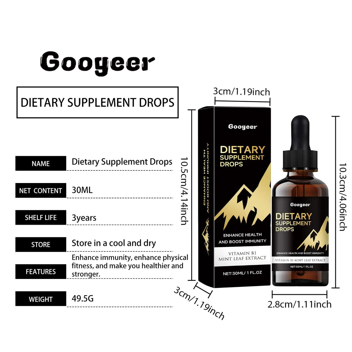 Glass dropper bottle containing amber liquid dietary supplement drops for amino acids and vitamin B12.