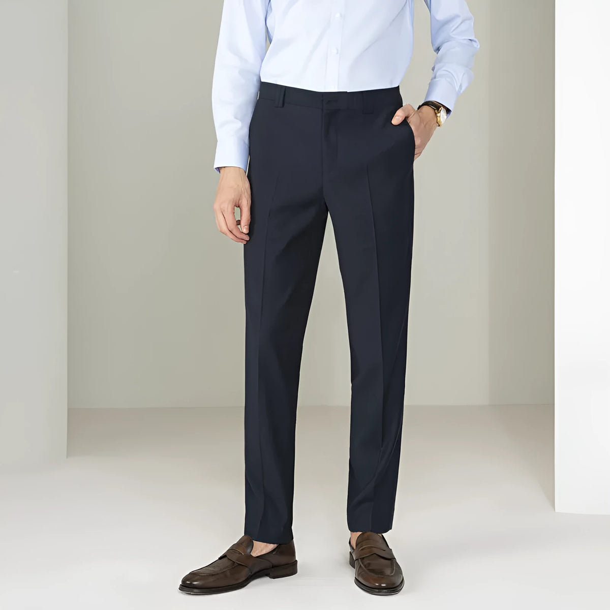 Business formal straight-leg suit pants in black for women, front view