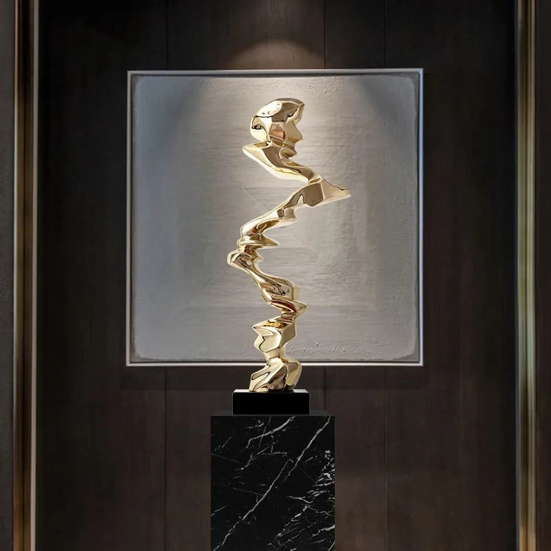 Modern minimalist abstract still life decorative ornament in gold, silver, or blue resin finish.