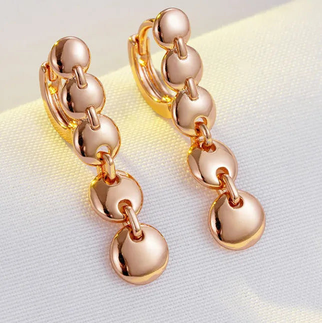Gold retro long round circle earrings with copper weaving texture