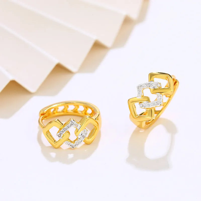 Gold geometric hollow-out drop earrings with colour separation ear clip