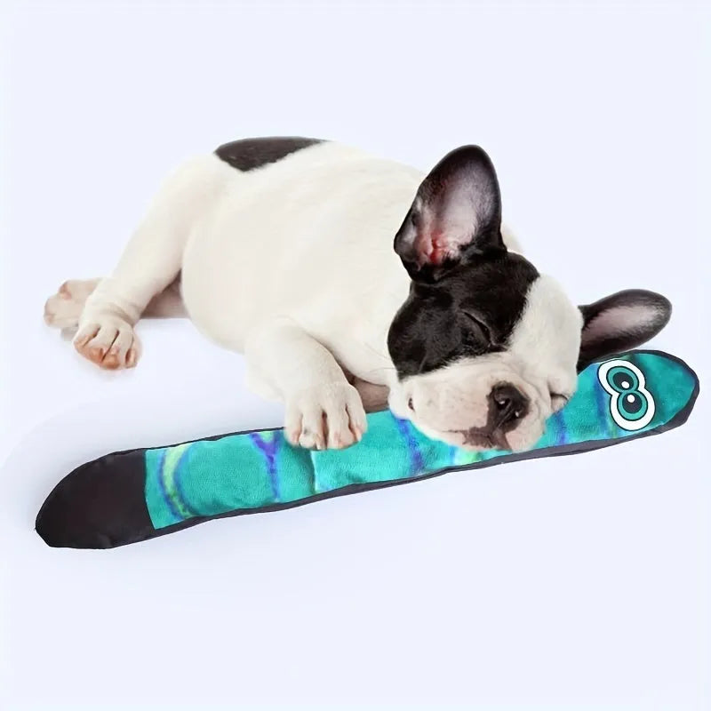 Snake-shaped plush dog squeaky toy with stripe print pattern in blue and green colors