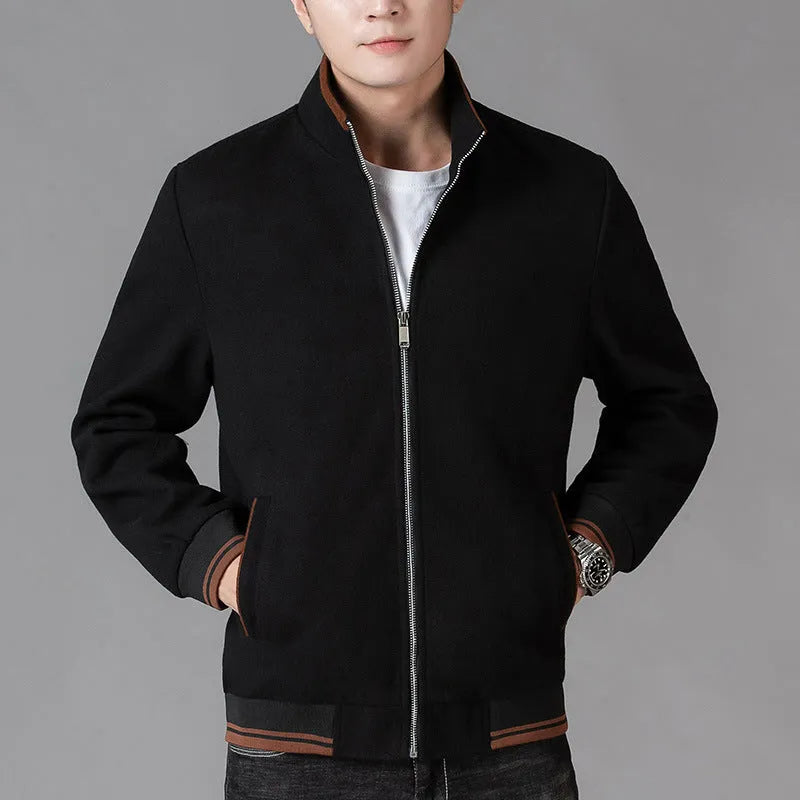 Men's grey polyester fleece jacket with zip pockets and long sleeves, shown on a hanger.