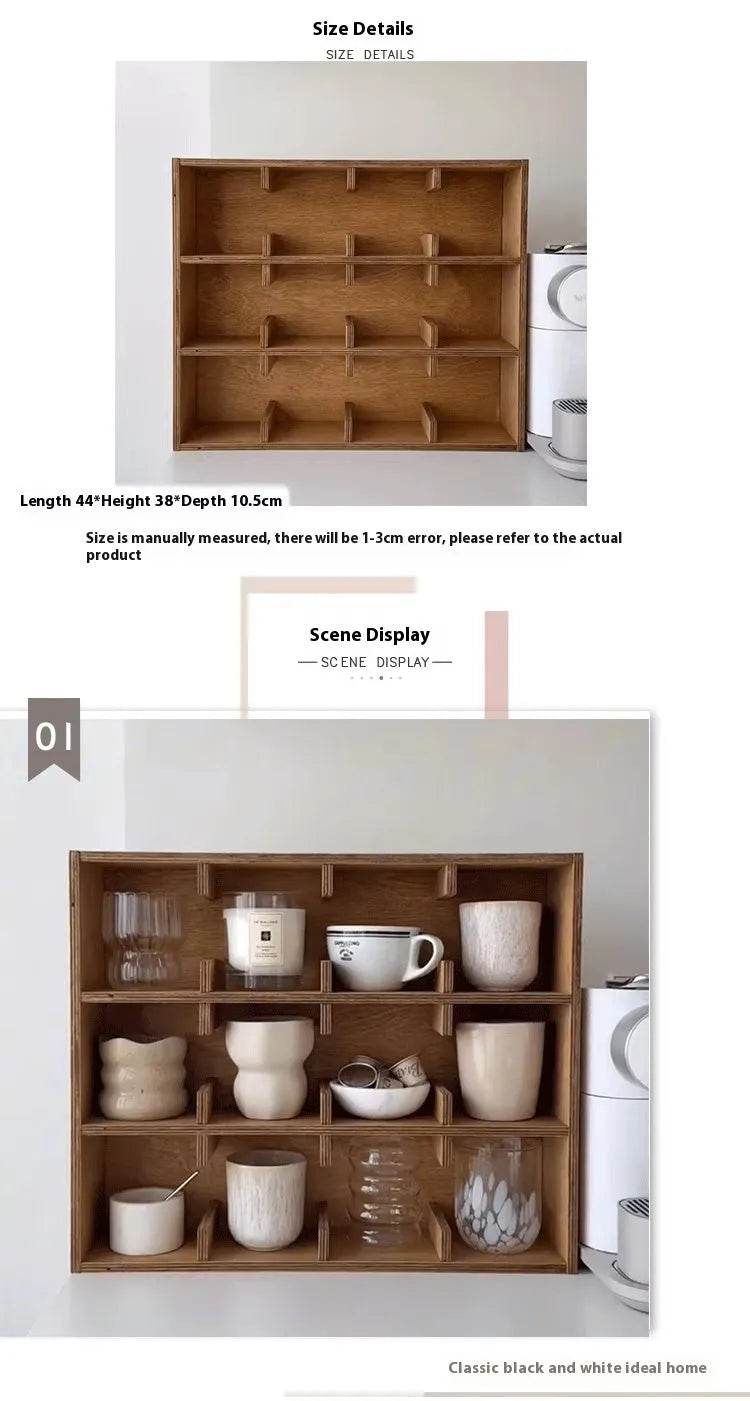 Solid wood cup storage rack with multiple square grids in birch wood meridian colour