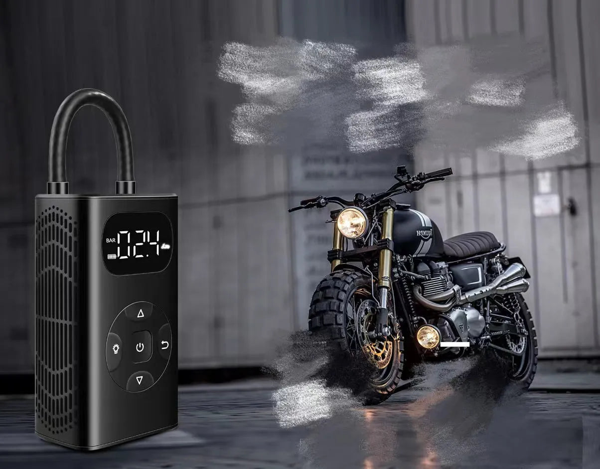Black portable USB tyre inflator with digital display and air hose for cars and bikes.